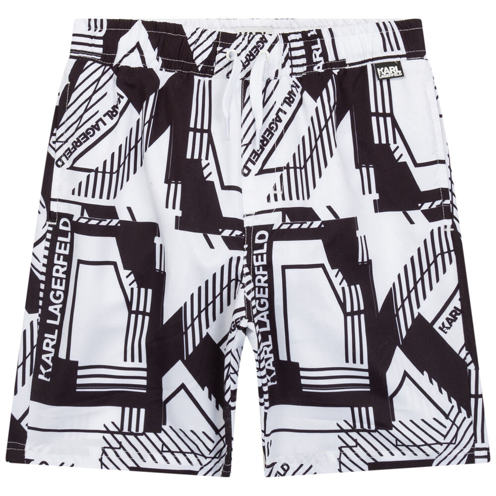 KARL LAGERFELD Boys White & Black Logo Swim Shorts | Junior Couture