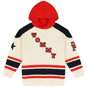 Boys Navy Blue, Red & Ivory Logo Hooded Top
