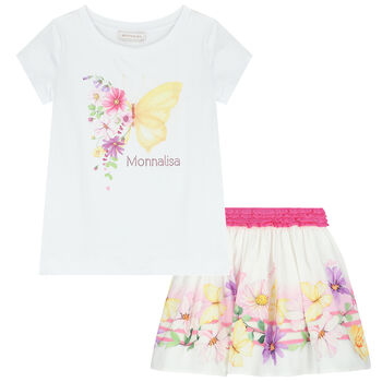 Girls White Floral Skirt Set