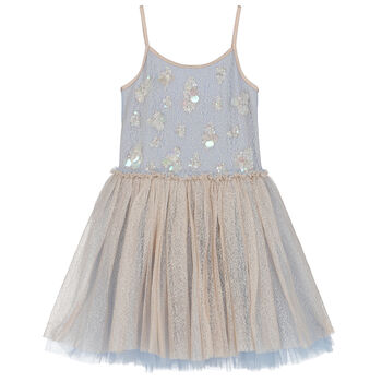 Girls Blue & Beige Embellished Dress