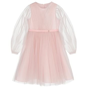 Girls Pink Sheer Sleeves Tulle Dress