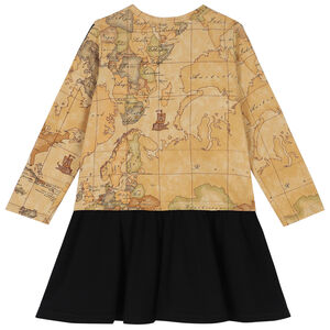 Girls Beige & Black Geo Map Dress