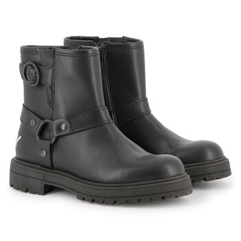 Girls Black Logo Leather Boots