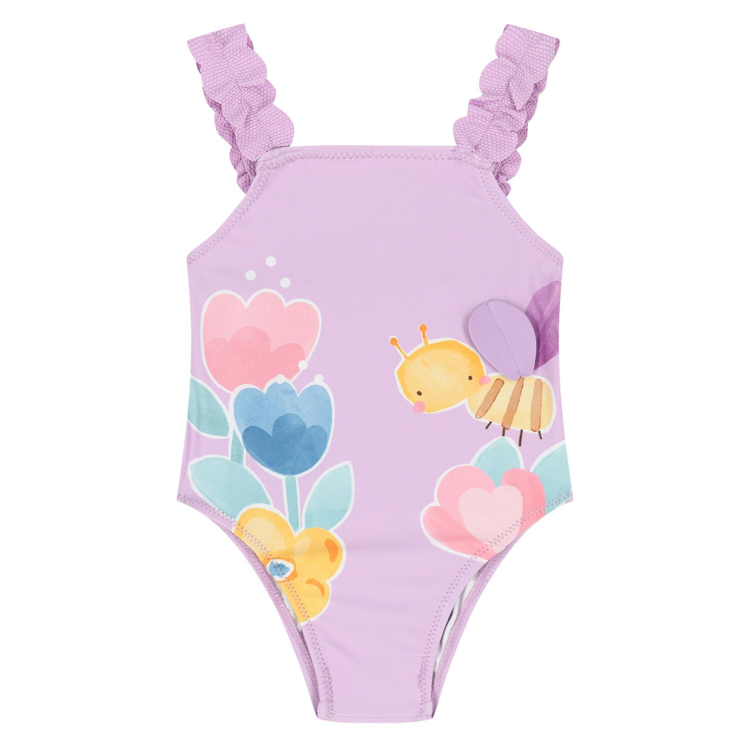 Younger Girls Purple Floral Swimsuit, 1, hi-res