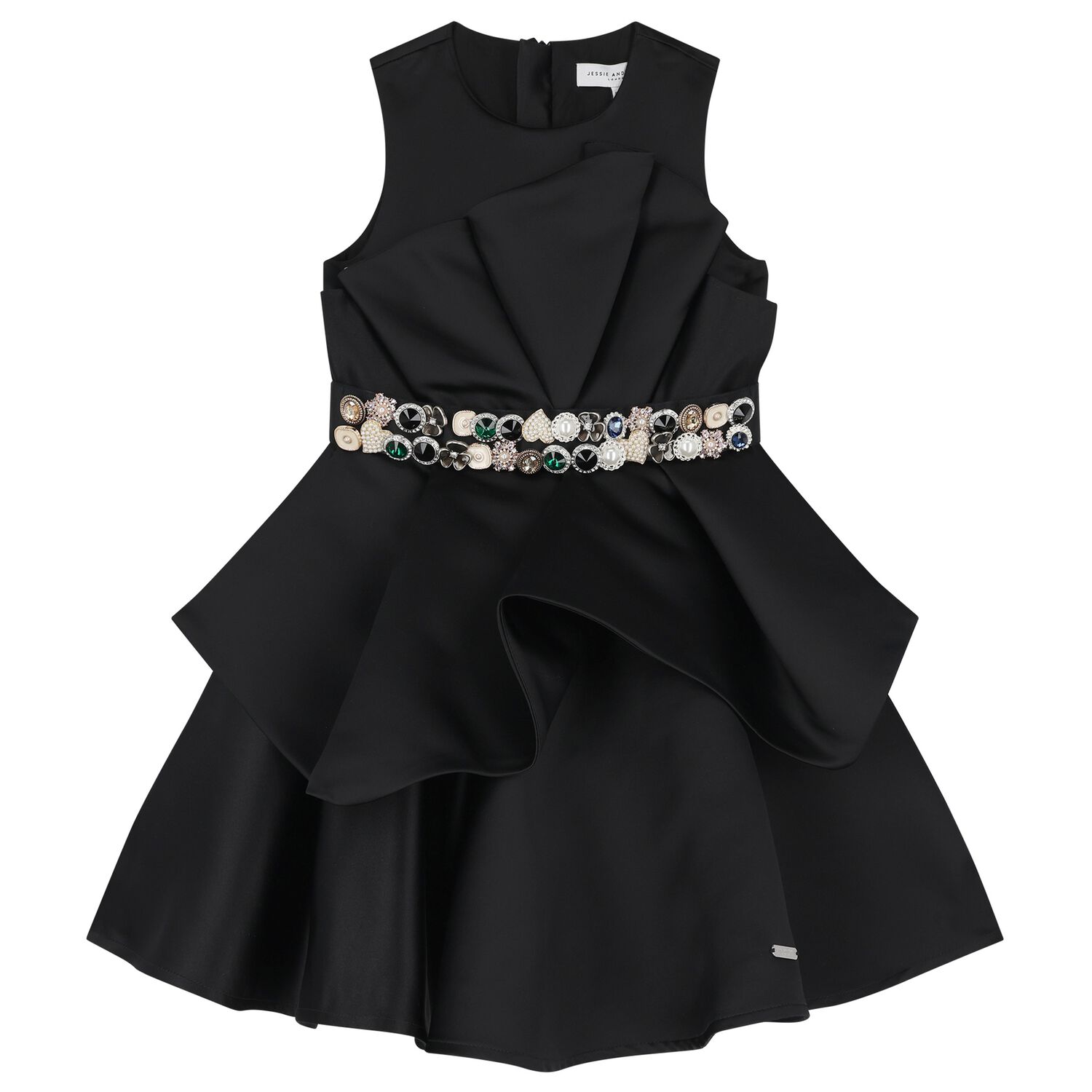 Girls Black Crystal Satin Ruffle Dress, 1, hi-res