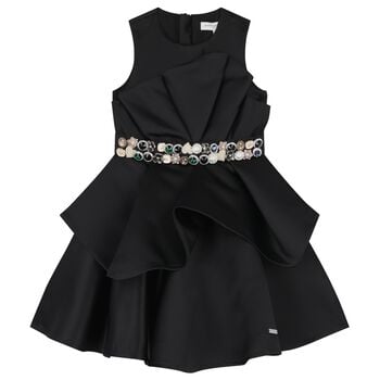 Girls Black Crystal Satin Ruffle Dress