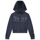 Girls Navy Blue Embellished Logo Hooded Zip Up Top, 1, hi-res