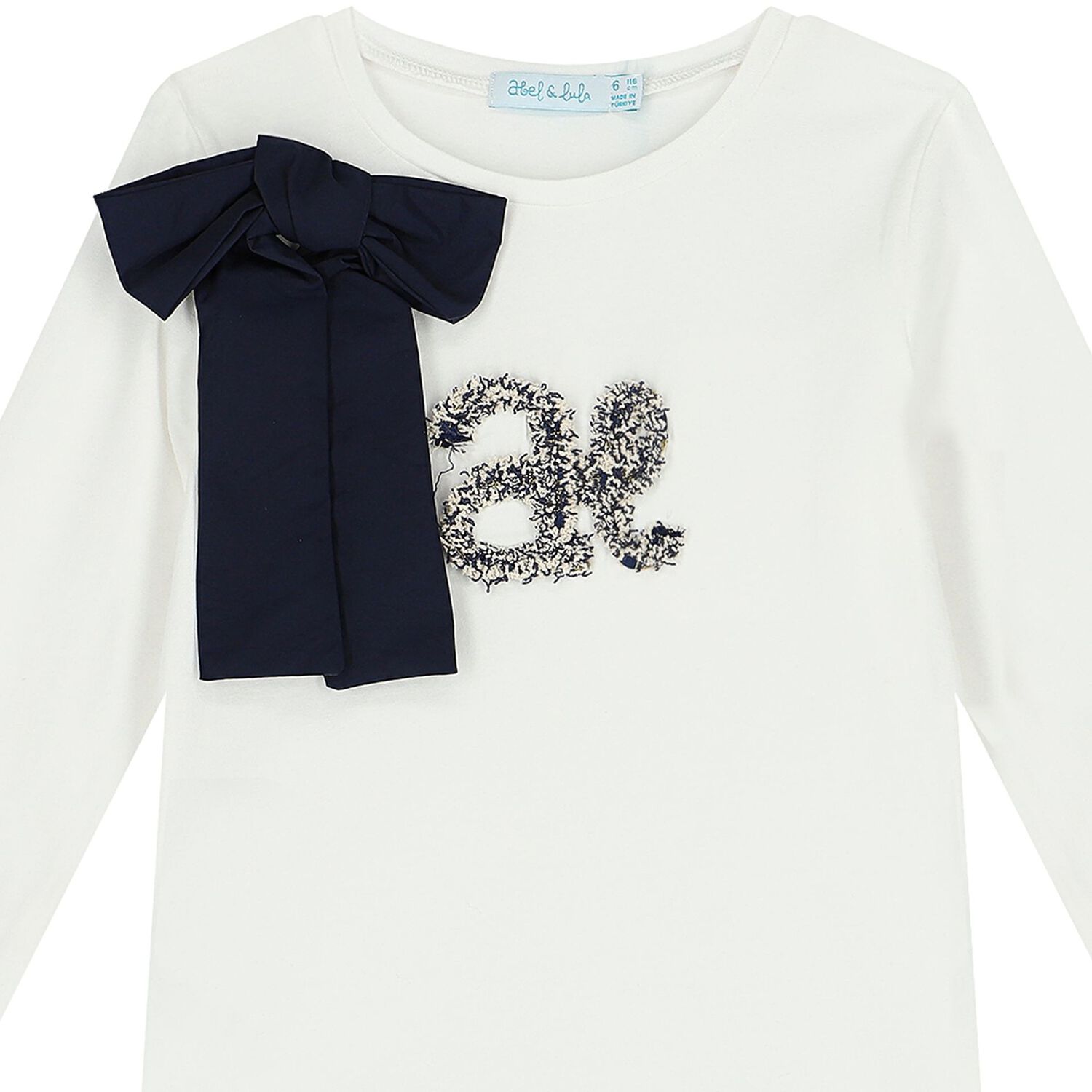 Girls Ivory & Navy Blue Bow Long Sleeve Top, 1, hi-res image number null