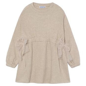 Girls Beige Bow Knitted Dress