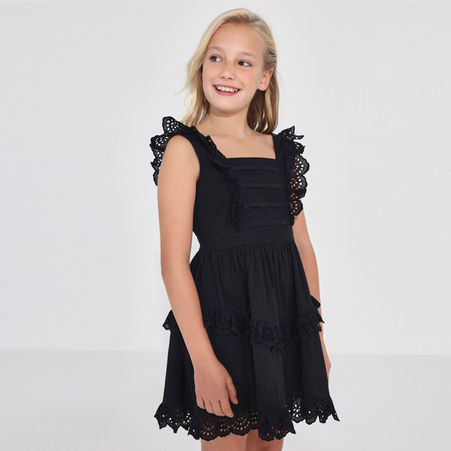 Girls Black Broderie Anglaise Dress, 1, hi-res