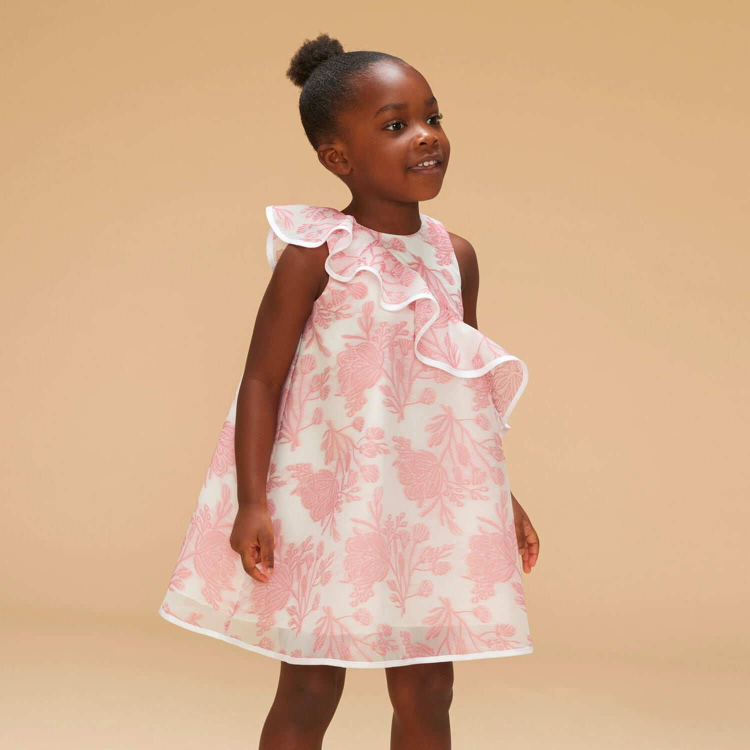 Girls Pink & White Floral Organza Dress, 1, hi-res
