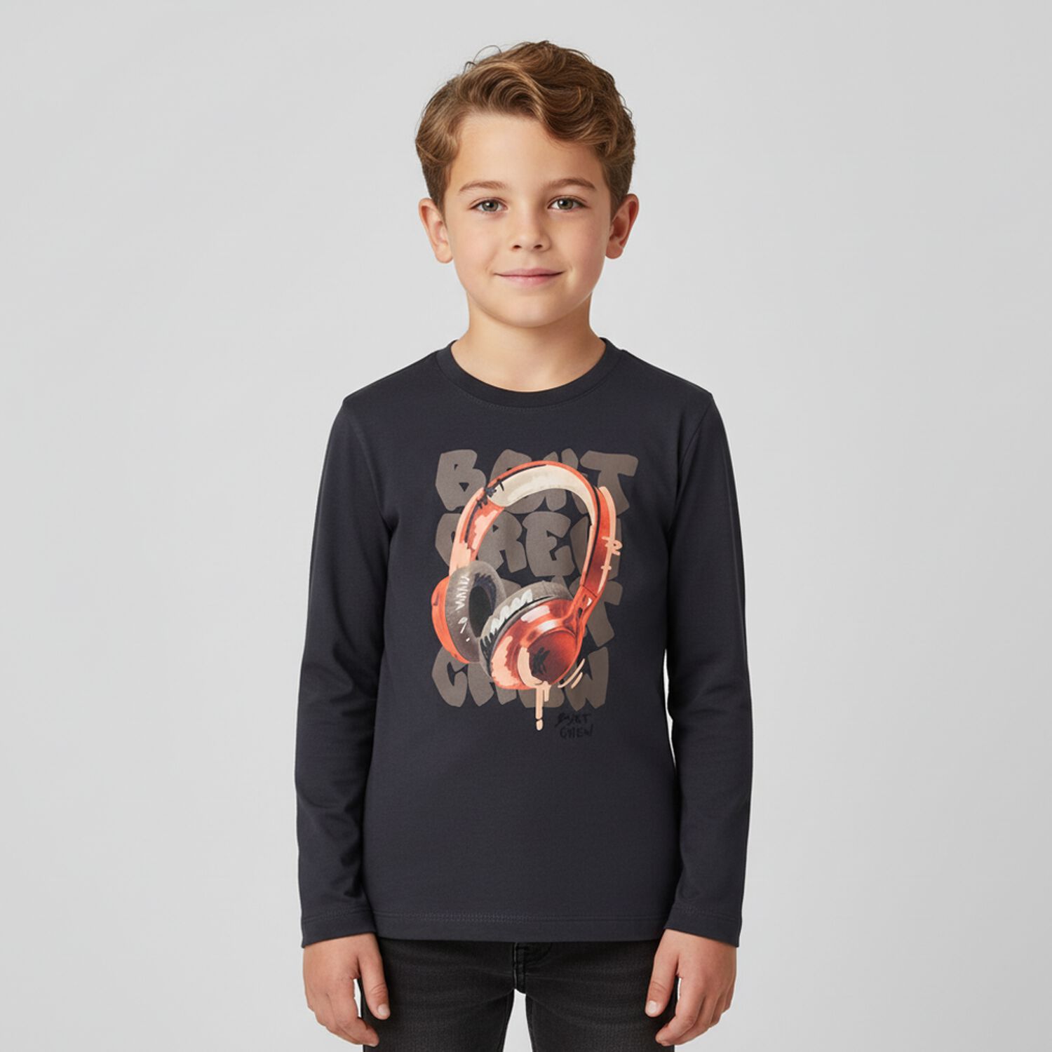 Boys Grey Headphone Long Sleeve Top, 1, hi-res