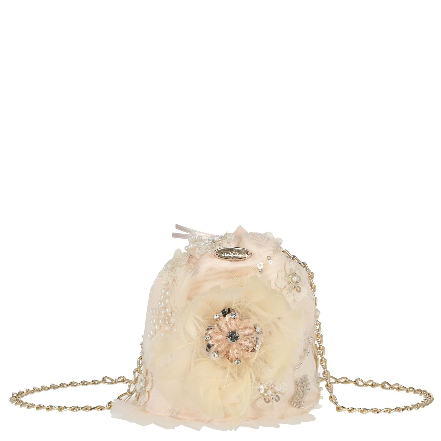 Girls Pink Feathered Floral Handbag, 1, hi-res