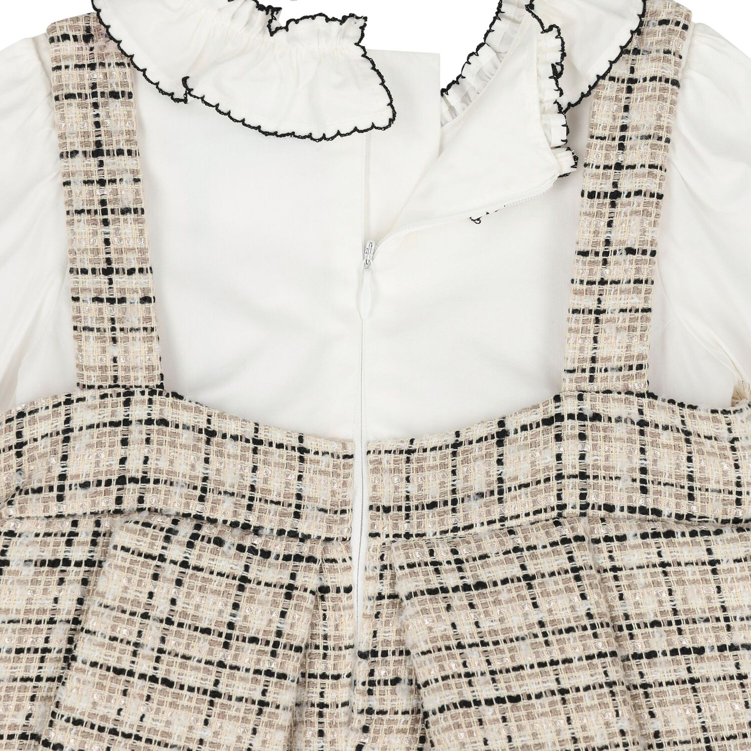 Younger Girls Beige & White Pinafore Dress, 1, hi-res