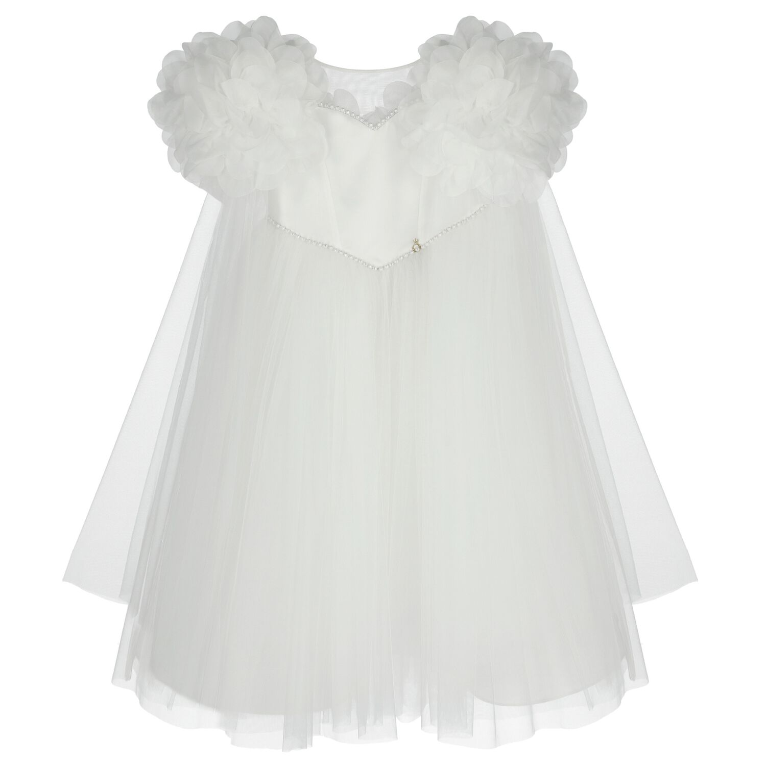 Girls White Organza Floral & Tulle Cape Dress, 1, hi-res