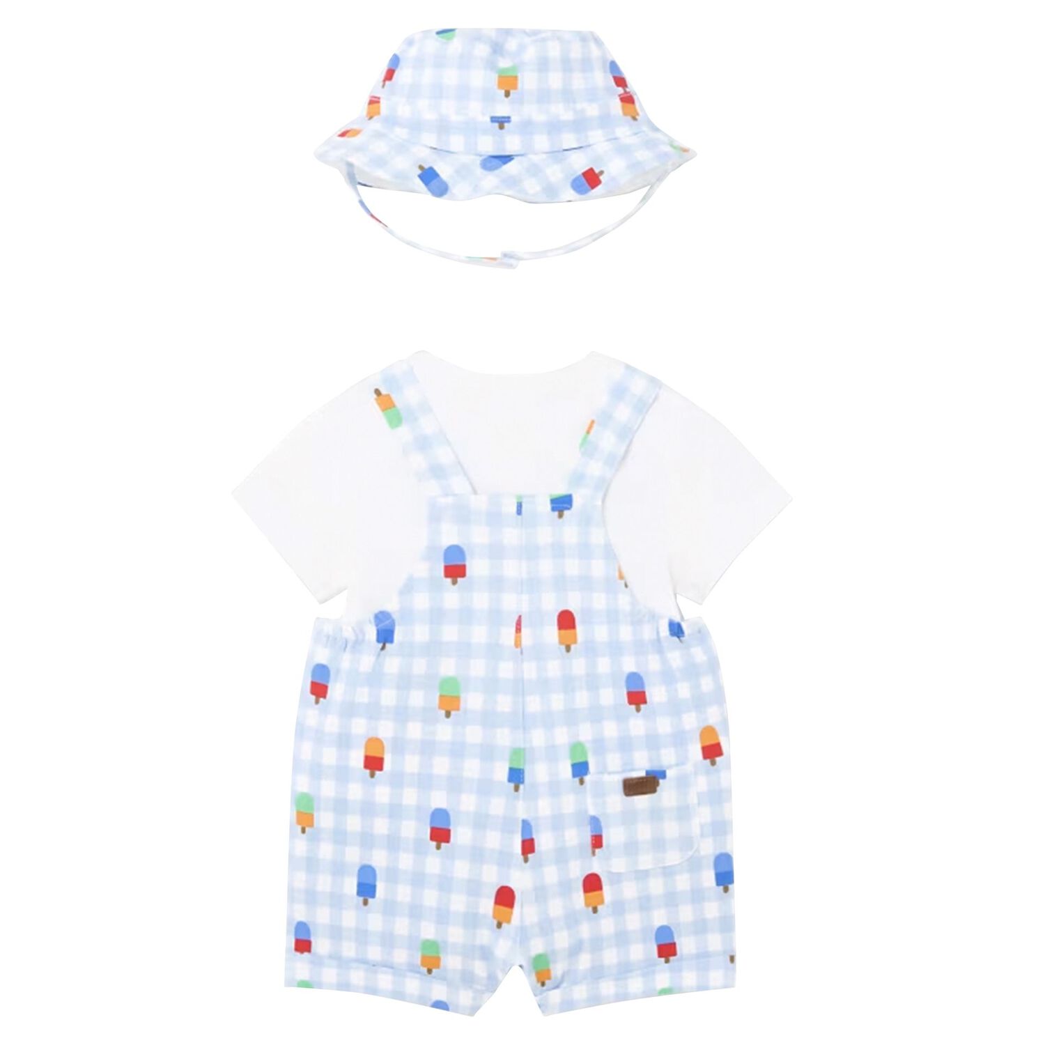 Baby Boys White & Blue Gingham Dungaree Set, 1, hi-res image number null