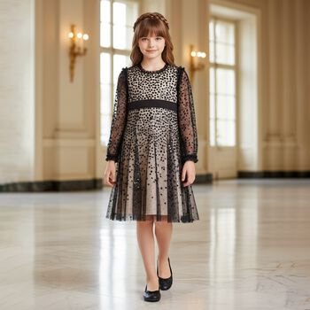 Girls Black Dappled Sequin Embellished Dress