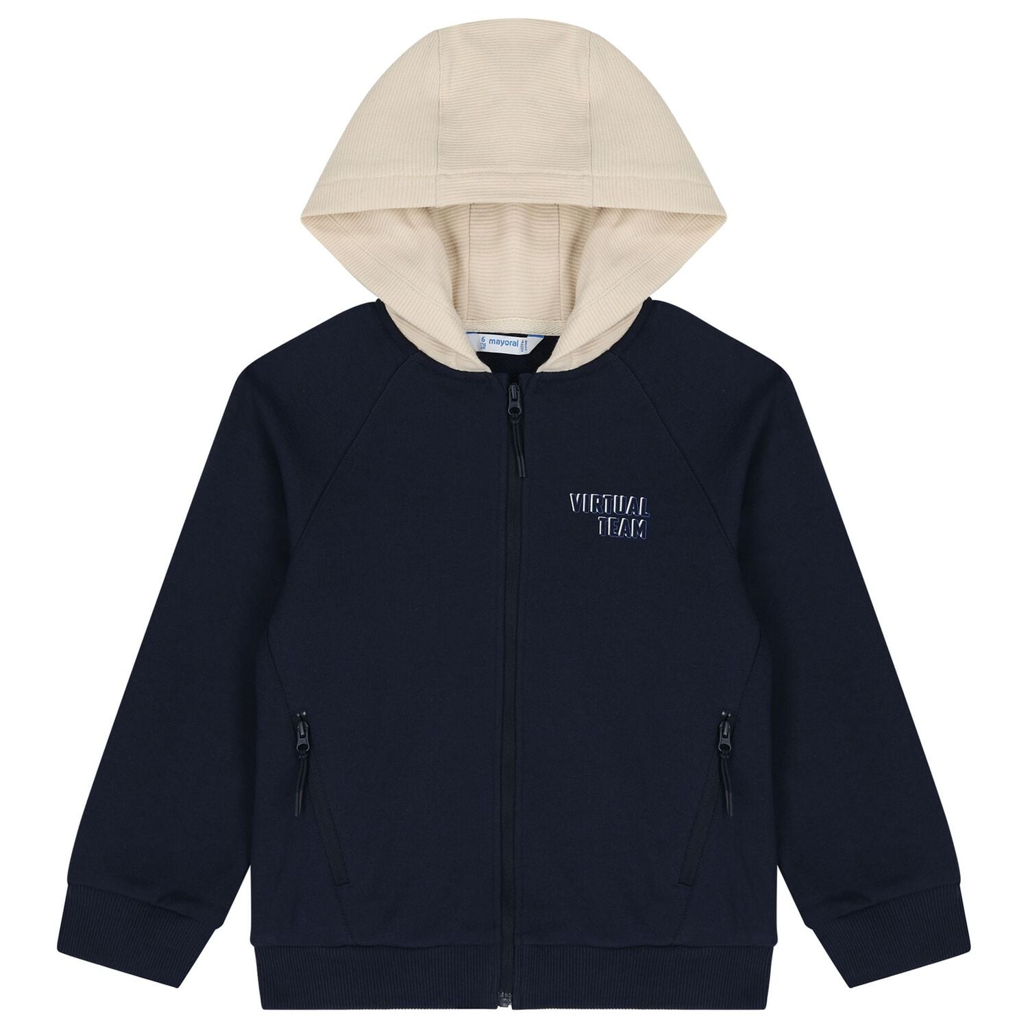 Boys Navy Blue & Beige Hooded Zip Up Top, 1, hi-res