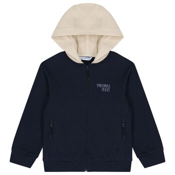 Boys Navy Blue & Beige Hooded Zip Up Top