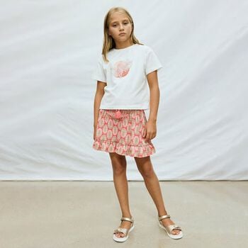 Girls Pink Tropical Leaf Ruffled Skirt