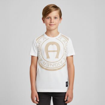 Boys White & Beige Logo T-Shirt, 4 Boys White & Beige Logo T-Shirt