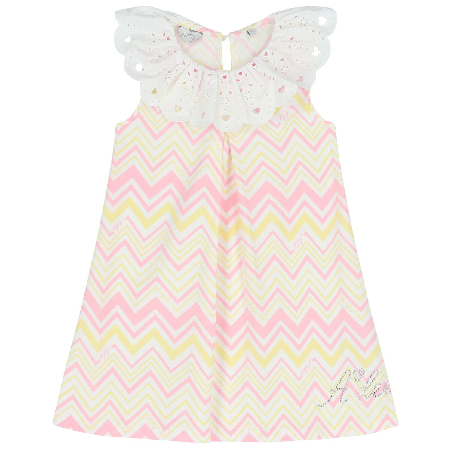 Girls White & Yellow Zig Zag Striped Dress, 1, hi-res