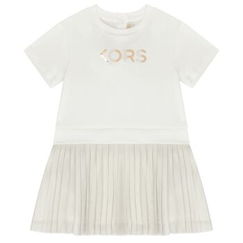 Younger Girls White & Ivory Logo Dress
