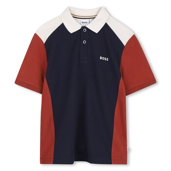 Boys Navy Blue, Orange & Ivory Logo Polo Shirt