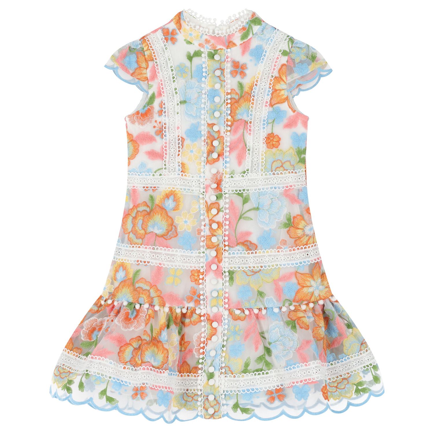 Girls White, Blue & Pink Floral Dress, 1, hi-res
