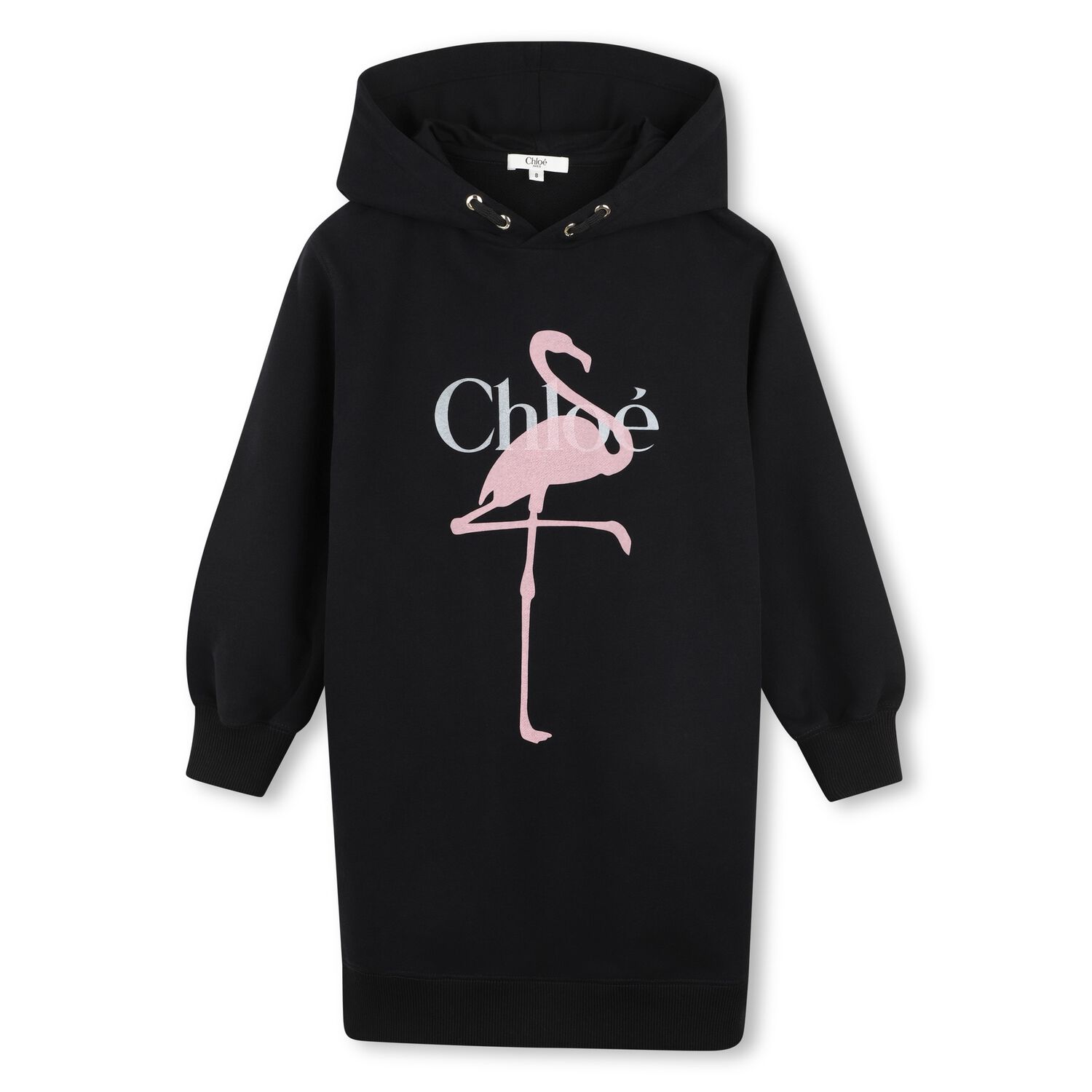 Girls Black Flamingo Logo Hooded Dress, 1, hi-res