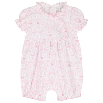  Baby Girls White & Pink Delicate Blooming Bow Romper
