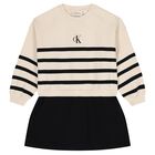 Girls Beige & Black Logo Striped Dress, 1, hi-res