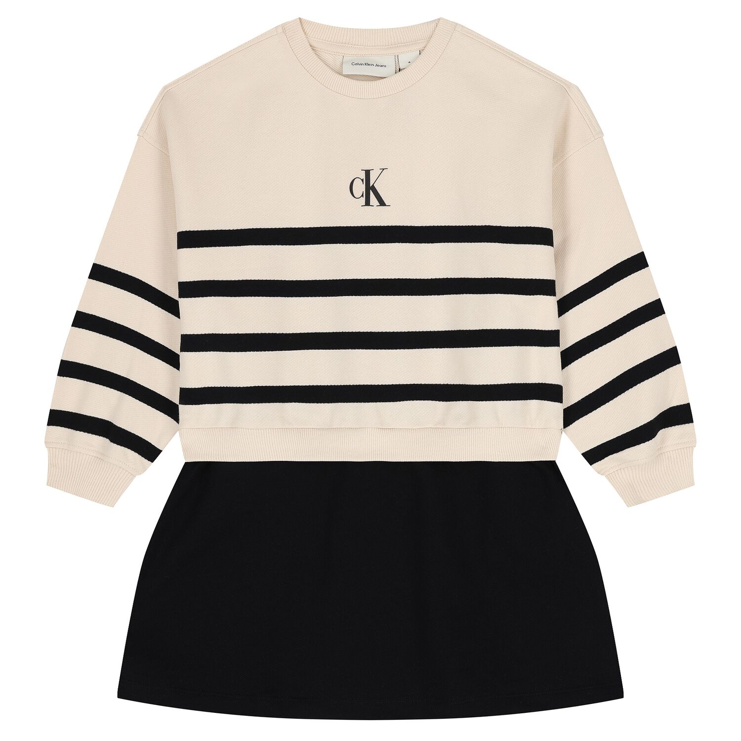 Girls Beige & Black Logo Striped Dress, 1, hi-res image number null
