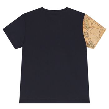 Boys Navy Blue, White & Beige Geo Map T-Shirt
