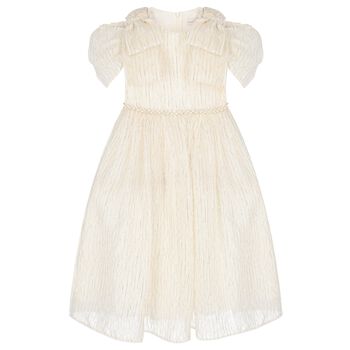 Girls Ivory & Gold Bow Dress