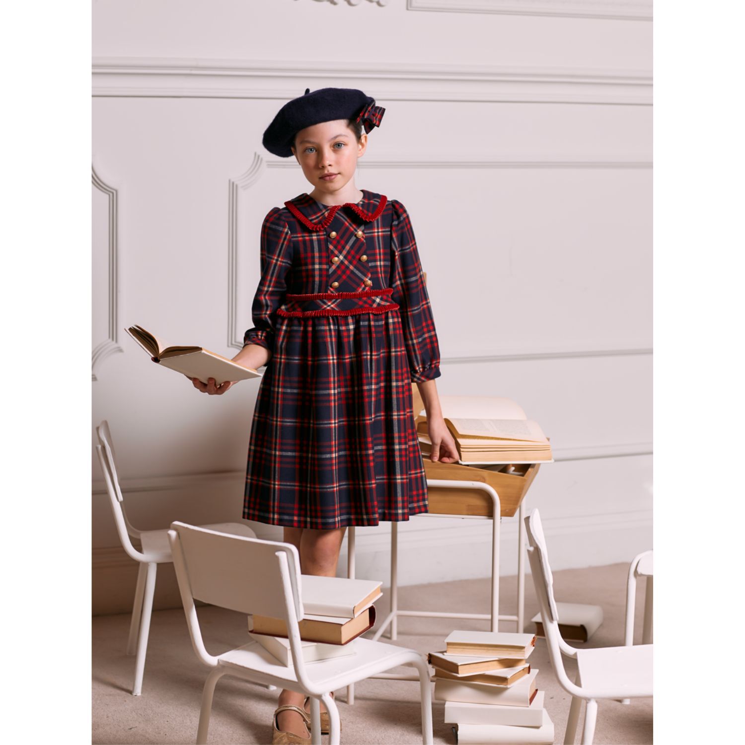 Girls Navy Blue Tartan Dress, 1, hi-res image number null