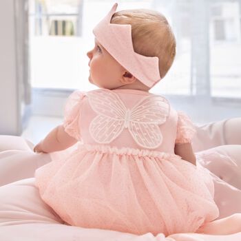 Baby Girls Pink Butterfly Tulle Bodysuit Dress Set