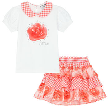 Girls White & Coral Roses Skirt Set