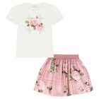 Girls Ivory & Pink Roses Skirt Set, 1, hi-res