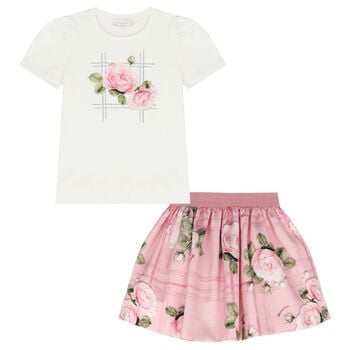 Girls Ivory & Pink Roses Skirt Set