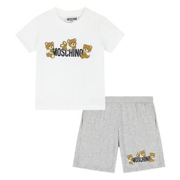 Younger White & Grey Teddy Bear Logo Shorts Set