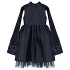 Girls Navy Blue Crystal Cape Sleeve Dress, 1, hi-res