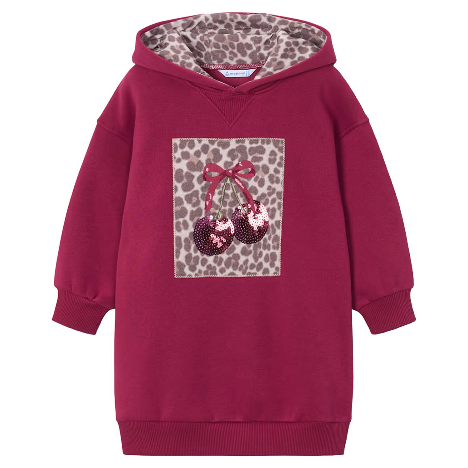 Girls Red Embellished Cherry Hooded Sweatshirt Dress, 2, hi-res