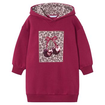 Girls Red Embellished Cherry Hooded Sweatshirt Dress