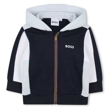 Younger Boys Navy Blue, White & Blue Hooded Zip Up Top