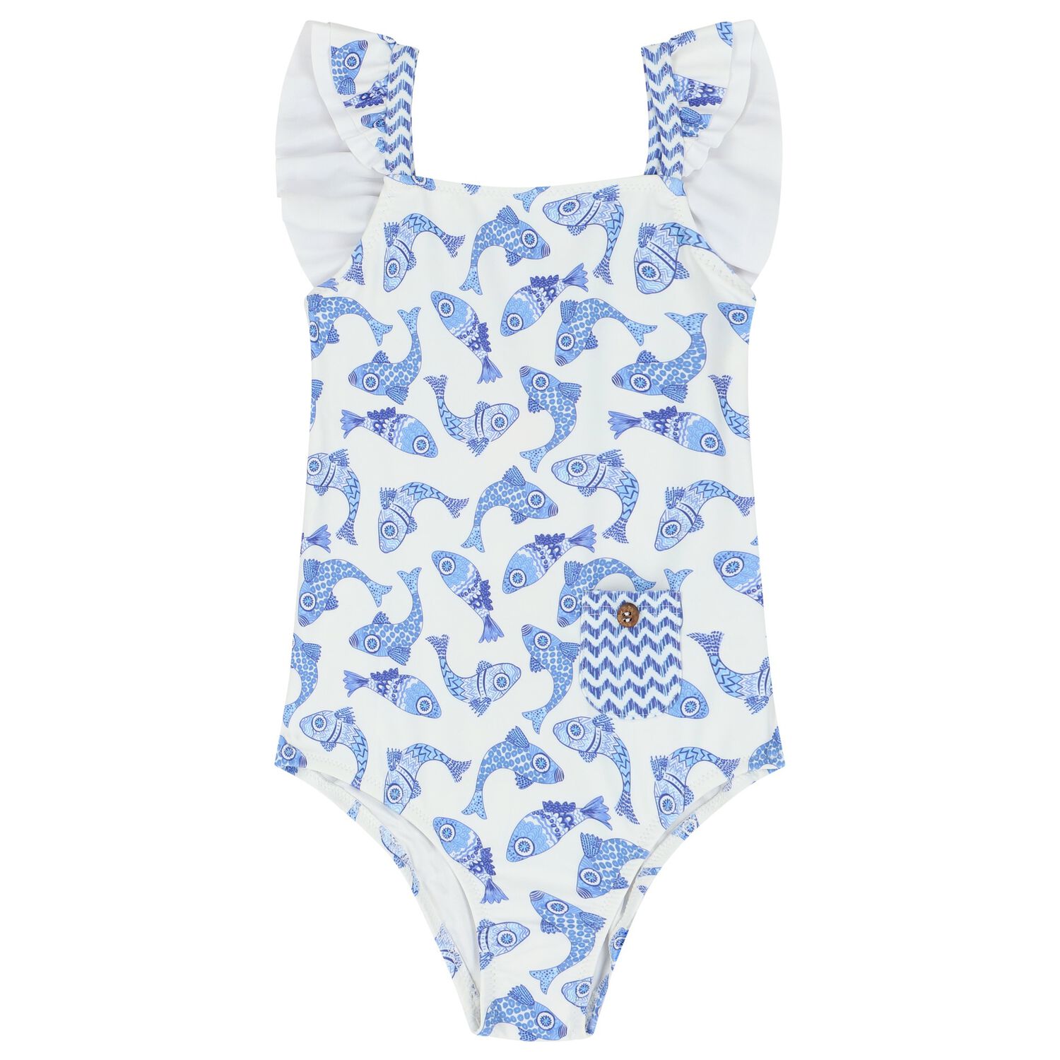 Girls White & Blue Fish Swimsuit, 1, hi-res image number null