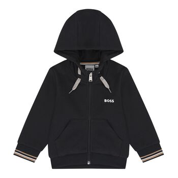 Younger Boys Black Logo Hooded Zip Up Top