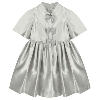 Girls Metallic Silver Glittery Bows Dress