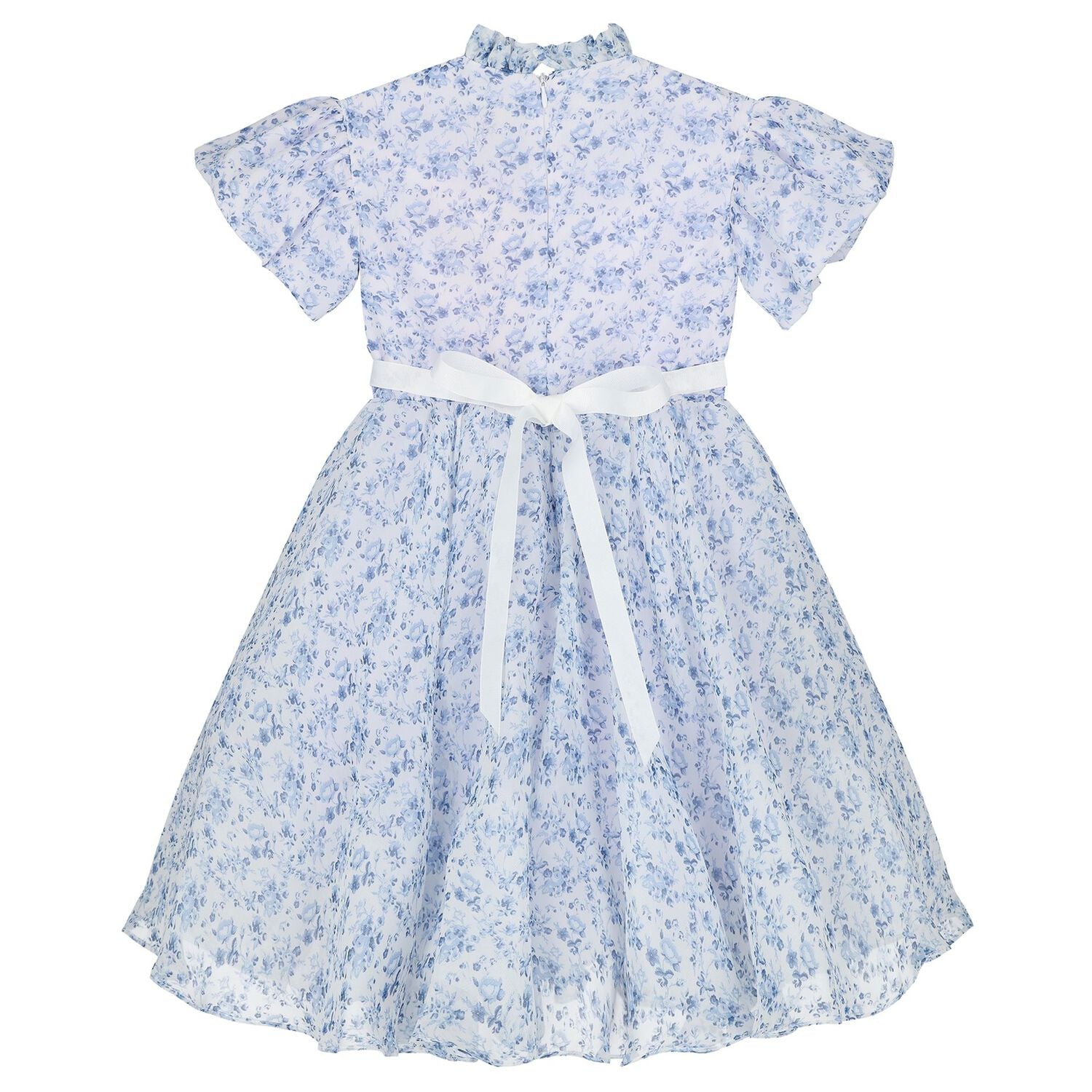 Girls Blue Floral Belted Dress, 2, hi-res