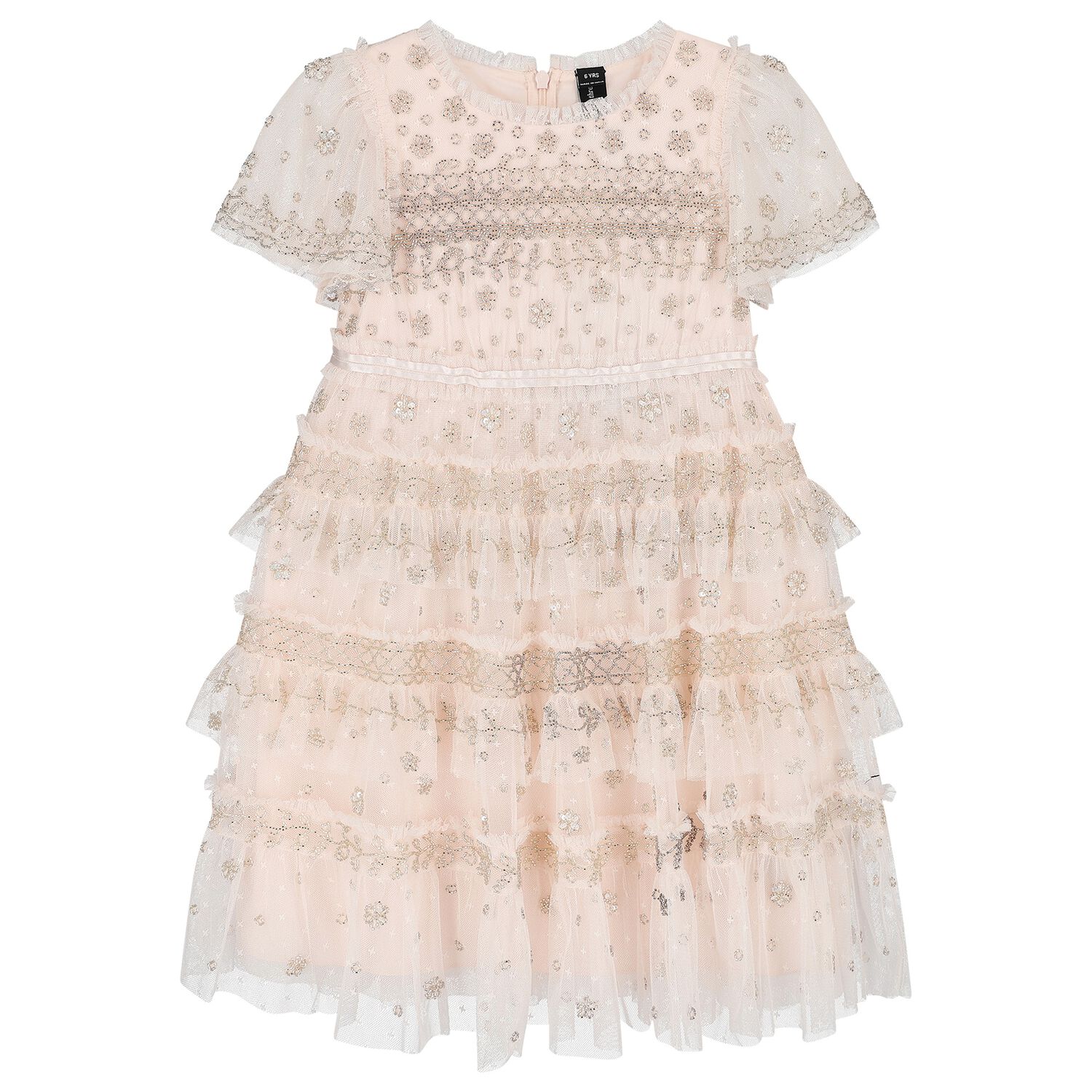 Girls Pink Beaded Ruffle Tulle Dress, 1, hi-res